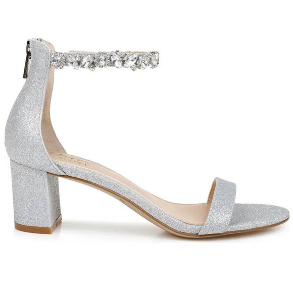 Jewel Badgley Mischka Catalina Ankle Strap Block Heel Sandals 8 Silver Glitter - Picture 4 of 15
